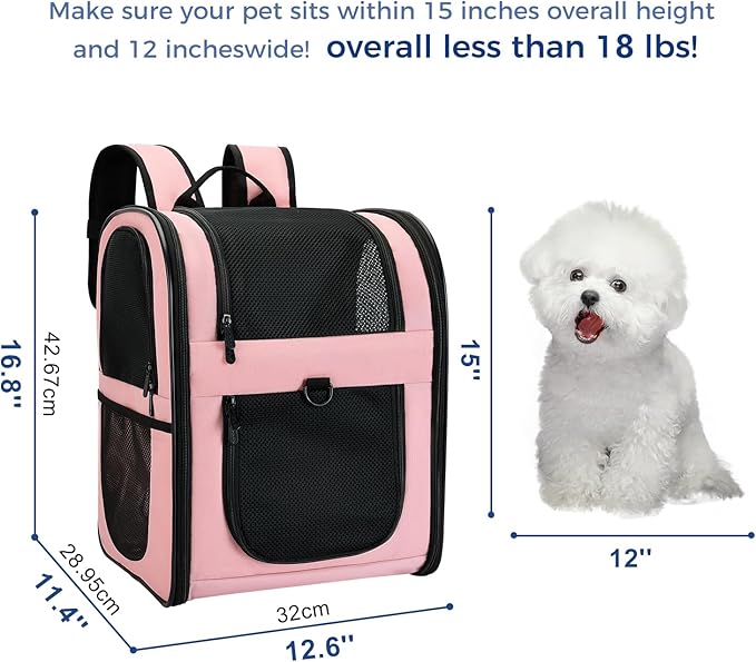 Apollo Walker Dog & Cat Carrier Backpack for 4-18lb Pets - Ventilated Safe Design with Padded Back Support, Breathable Mesh Pet Backpack for Hiking, Travel, Outdoor (Pink)