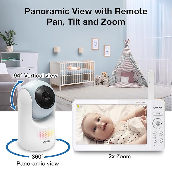 VTech Video Baby Monitor with 7" Color LCD Screen, Rechargeable Battery, Video Streaming, Audio Streaming, Pan-Tilt-Zoom, Touch Multi-Color Night Light, Two-Way Talk, Long Range: Advanced Max Blue