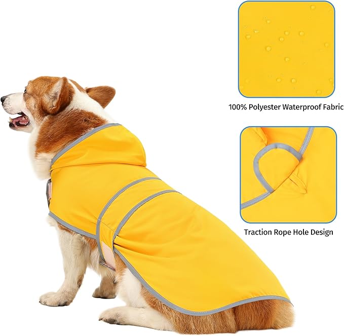 Dog Raincoat for Medium Dogs Waterproof Hooded Rain Jacket with Reflective Strips Leash Hole & Poncho Adjustable Fit (Yellow,L)