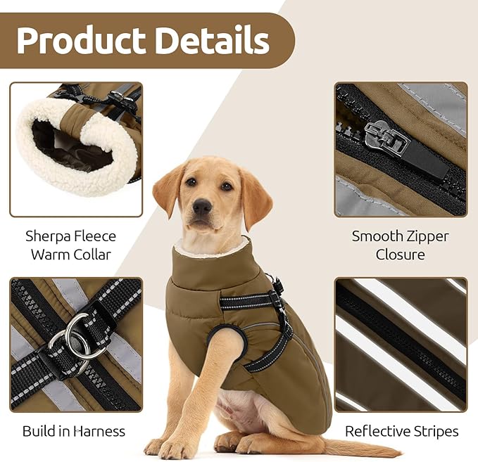 Dog Winter Coat with Harness Built in Warm Puffer Dog Jackets for Small Medium Large Dogs Windproof Waterproof Outfit with Plush Lining and Reflective Stripes (Brown, 2XL)