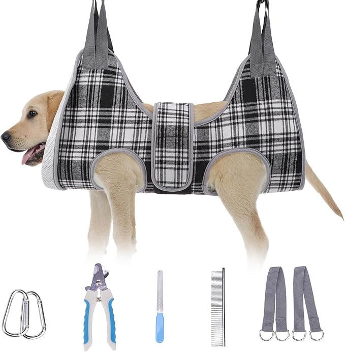BEAUTYZOO Dog Grooming Hammock, Medium Dog Sling for Nail Trimming, Dog Hanging Harness for Claw Care with Thick Fabric Neck Support Wide Strap Restraint Cat Grooming Hammock, Black M