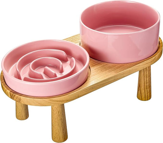 Ceramic Slow Feeder and Water Bowl Set for Medium and Large Dogs, 8.0inch Ceramic Dog Bowls Elevated with Wooden Stand, 2.0 Cups Dog Slow Feeder(30oz) and 70oz Water Bowl Set, Pink