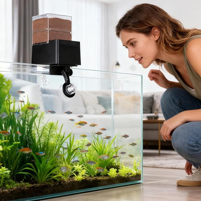Automatic Fish Tank Feeder, with 5-Speed Airtight Dispensing, 21x11x8cm, Auto Fish Feeding Machine, Aquarium Feeding Device, Smart Timer Function, for Home Tanks, Ponds, Turtles, Betta, Shrimp