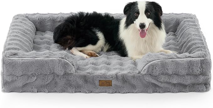 Orthopedic Dog Bed for Extra Large Dog, Soft and Warm Faux Fur Sofa for Giant Pet Up to 150 lbs, Foam Bolster Anti-Slip Couch with Washable Removable Cover, XXL 48x35x8 inch, Grey