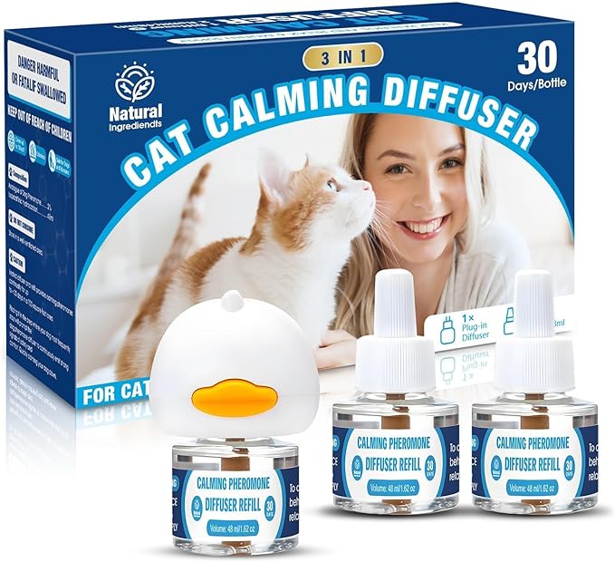 Cat Calming Pheromones Diffuser: 3-in-1 Kit Cat Appeasing Pheromone Diffuser to Calm (1 Plugin+2x48ml Refills) for Comfort Reduces Stress Anxiety, Long-Lasting Appeasing Pheromone for Pet Cat (3in1)