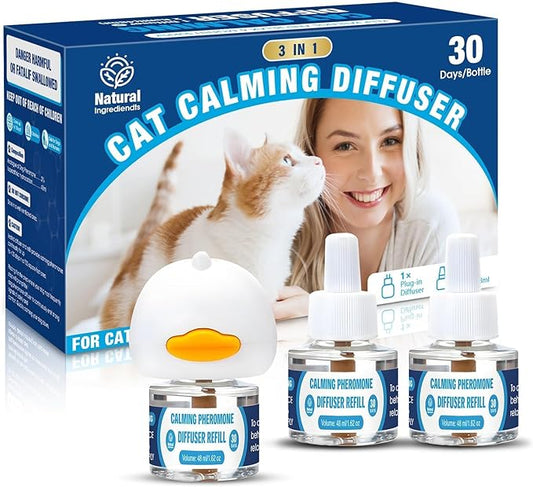 Cat Calming Pheromones Diffuser: 3-in-1 Kit Cat Appeasing Pheromone Diffuser to Calm (1 Plugin+2x48ml Refills) for Comfort Reduces Stress Anxiety, Long-Lasting Appeasing Pheromone for Pet Cat (3in1)