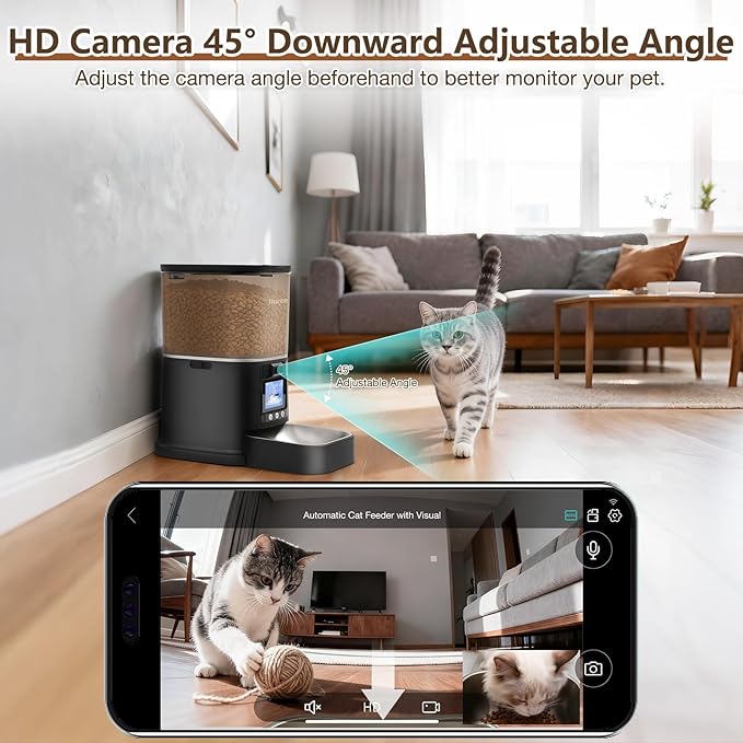 Automatic Cat Feeder with 2-Way Video/Audio, 5L Pet Feeder with 1080P HD Camera Features 45° Downward Tilt Adjustment, Supports 5G/2.4G WiFi Cat Food Dispenser with APP Control for Cats & Small Dogs