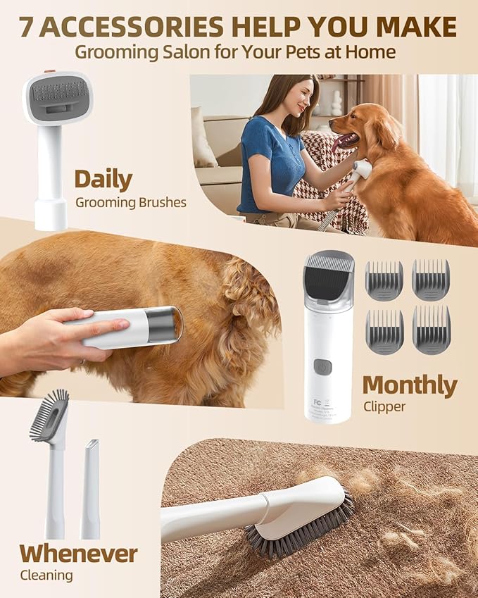 Dog Grooming Vacuum Kit for Shedding: Pet Hair Brush Groomer Pro Attachment Fur Machine Cat Clippers Deshedding Suction Cleaner Home Trimmer Tool Doggie Doggy System Remover Electric Shaver Cut