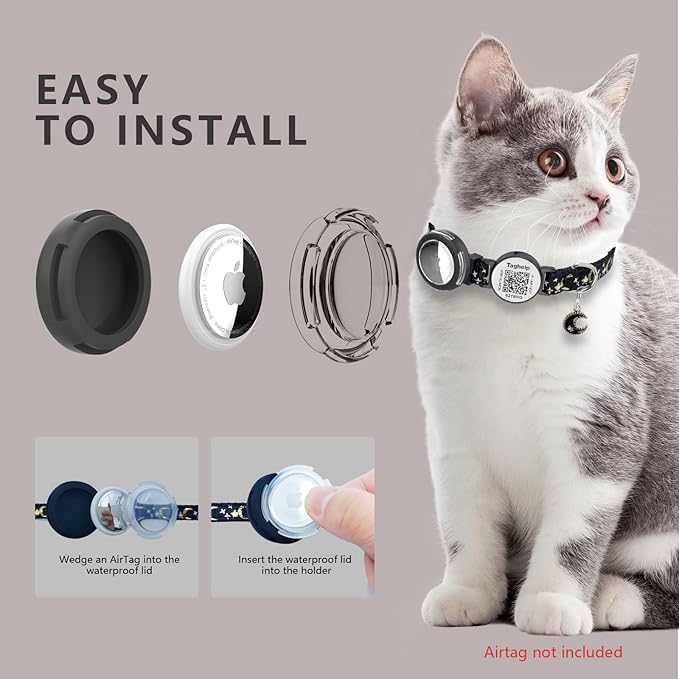 2-Pack Waterproof Breakaway Cat Collars with Moons & Stars Design - Adjustable Apple AirTag Holder & QR Code Safety Tracker for Cats & Kittens with Smart ID tag/NO APP(Black & Pink)