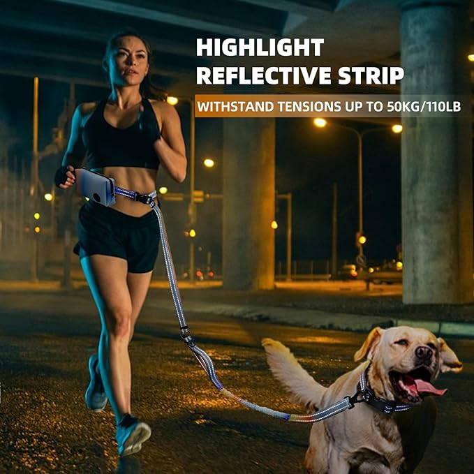 Roses&Poetry Hands Free Dog Leash with Zipper Pouch, 6-9ft Bungee Waist Leash for Medium Large Dogs Walking, Running Lead with Dual Padded Handles Car Safety Buckle for Training Jogging