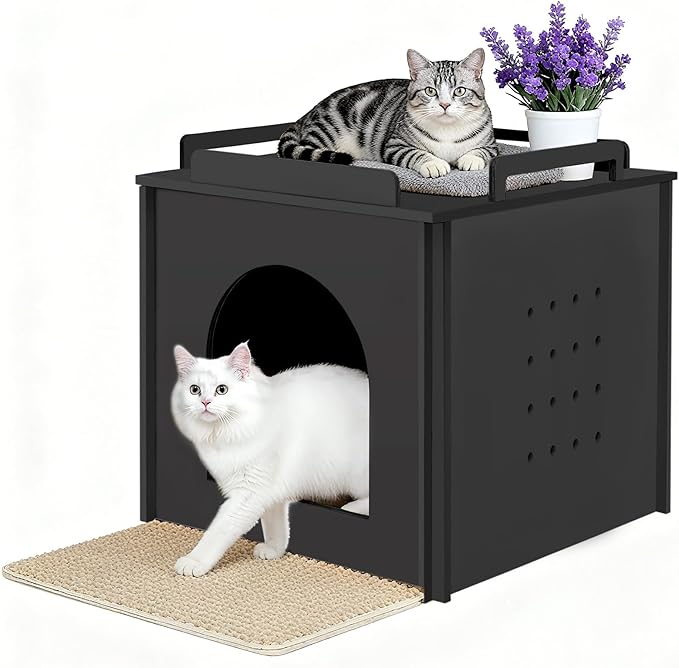 Wooden Cat Litter Box Enclosure, Hidden Litter Box Furniture with Litter Mat, Multi-Functional Cat House, for Living Room Bedroom Indoor, 23.2 x 17.7 x 19.3 inches, Black
