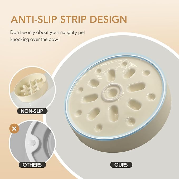 Ceramic 1.2 Cup Raised Slow Feeder Dog Bowl Set, Elevated 6.1inch Bowl and 7.3inch Slow Pet Food Dish with Wooden Stand for Small and Medium Dog (2 x Beige+ Stand)