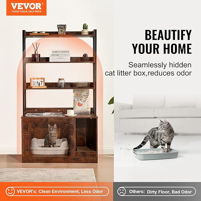 VEVOR Cat Litter Box Enclosure, Hidden Litter Box Furniture with 3 Storage Shelves, Wooden Cat Washroom Indoor, Large Cat House Cabinet Hidden Fit Most Litter Box, 33.5"L x 19.3"W x 58.7"H, Dark Brown