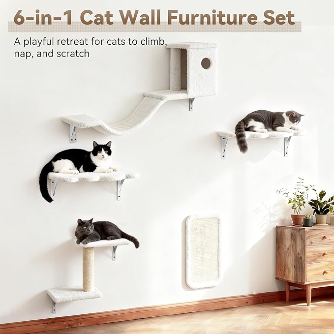 6-in-1 Cat Wall Shelves, Wall-Mounted Cat Furniture for Indoor Kittens, Modern Floating Shelves with Scratching Posts, Bed, Perch, Bridge, Condo, Steps and Scratcher, Space-Saving Gym, White