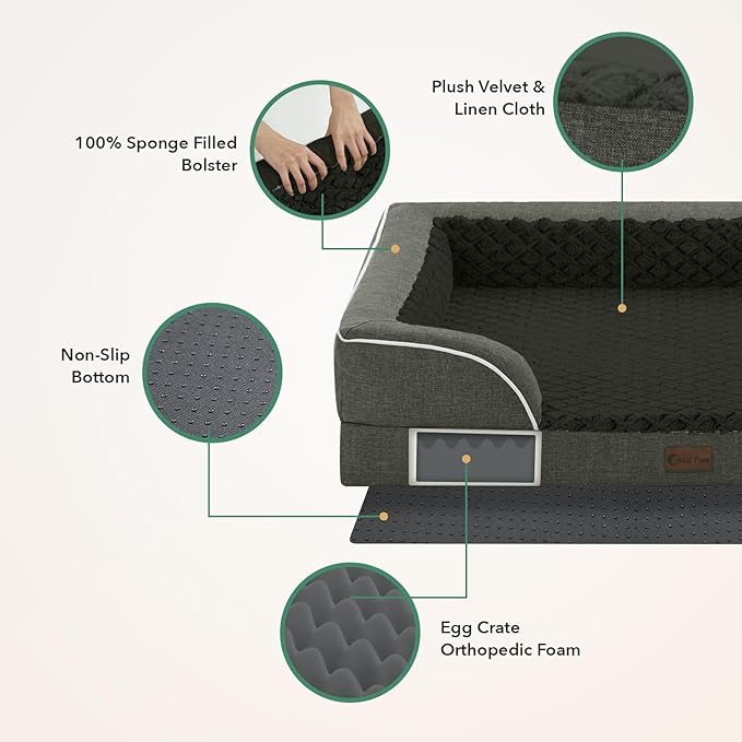 Orthopedic Dog Beds for Extra Large Sized Dogs, Waterproof Memory Foam XL Pet Bed with Sides 48x30Inch, Non-Slip and Egg-Crate Foam Big Dog Couch Bed with Removable Washable Cover, Dark Green