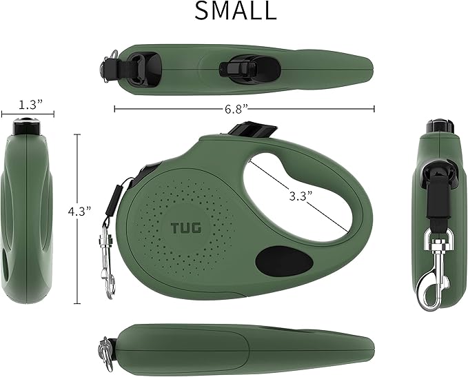 TUG Oval 360° Tangle-Free Retractable Dog Leash with Integrated Waste Bag Dispenser (Small, Green)