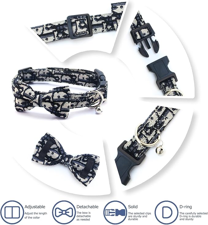 Bowtie Collars for Small Dogs, Elegant Puppy Collars, Tiny Dog Collars with Bowtie Adjustable 9.8"-13.8", Black, S