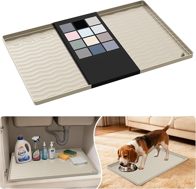 URMONA Waterproof Silicone Under Sink Mat 22'' x 14'' Shelf Liner for Kitchen and Bathroom, Cabinet and Counter Protector, Storage and Organizers, Litter Mat, Pet Cat Puppy Essentials(Cream)