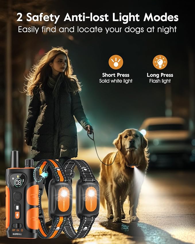 SLOPEHILL Dog Shock Collar,4200FT Dog Training Collar with Remote,IPX8 Waterproof E-Collar with Beep,Vibration,Shock,Flashing Light,No Shock Model,Electric Shock Collar for Dogs,Orange 2PCS