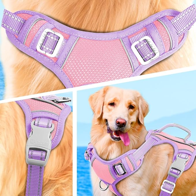 BARKBAY No Pull Dog Harness Large Reflective Dog Harness with Front Clip and Easy Control Handle for Walking Training Running with ID tag Pocket(Baby Pink & Violet Purple,XL)