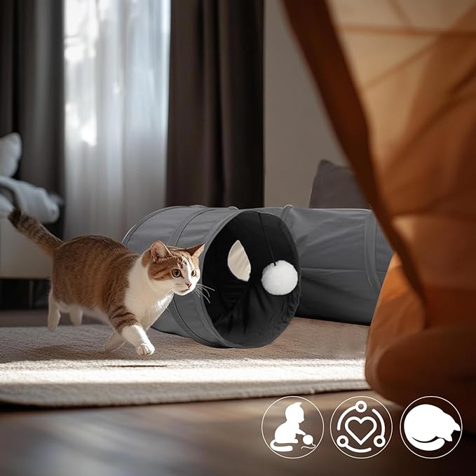Cat Tunnel, 2-Way Collapsible Cat Tube with Interactive Peek-A-Boo Hole, Toy Ball, and Rope – Ideal for Indoor Cats, Kittens, and Rabbits (Dark Gray)