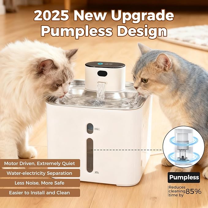 Cat Water Fountain Stainless Steel, 5000mAh Battery Operated Cat Fountain, 142oz/4.2L Wireless Water Fountains Indoor, Sensor and Timer Water Modes, Suitable for Cats and Small Dogs