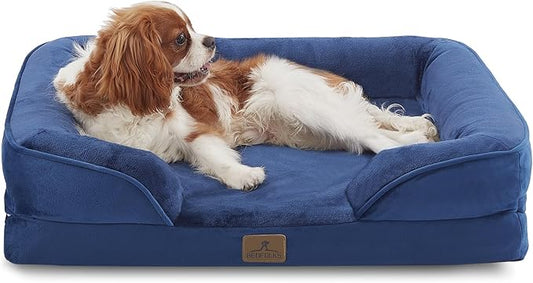 Bedfolks Orthopedic Dog Bed, Waterproof Dog Sofa Bed for Medium Dogs, Egg Foam Pet Couch Bed with Removable Washable Cover and Nonslip Bottom, Navy Blue