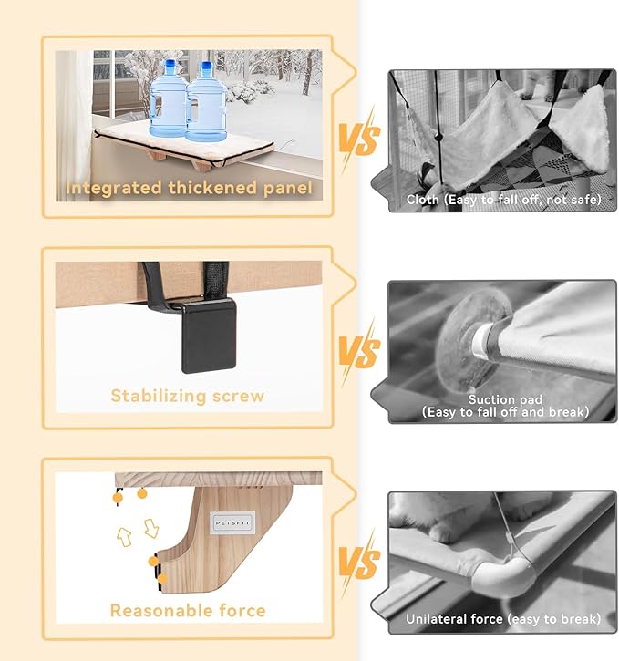 PETSFIT Cat Window Perch, Natural Solid Wood Cat Hammock with Removable Fleece Mat, Easy to Assemble Window Perch for Large Cats, Fits Windowsill, Bedside & Drawer