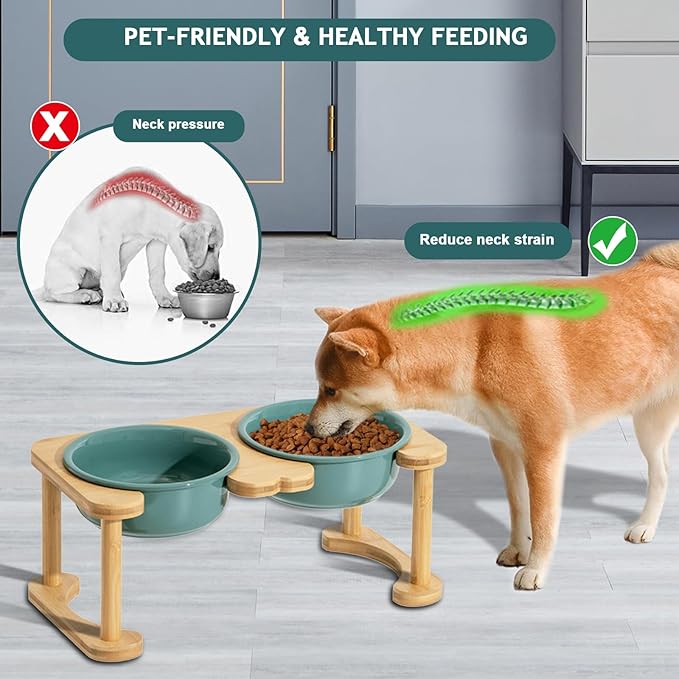 Elevated Ceramic Dog Bowls, Raised Dog Bowl with Anti-Slip Stand, Pet Feeding Dishes for Medium Sized Dogs, Weighted Pet Feeder Bowls, Dog Food and Water Bowl Set(6.3" Tall-28oz-Dark Green)