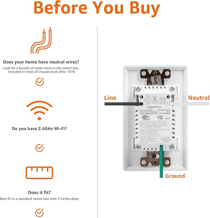 Amazon Basics Smart In-Wall Outlet, Works with Alexa Only, 15 Amps, 2.4 GHz Wi-Fi, No Hub Required, White