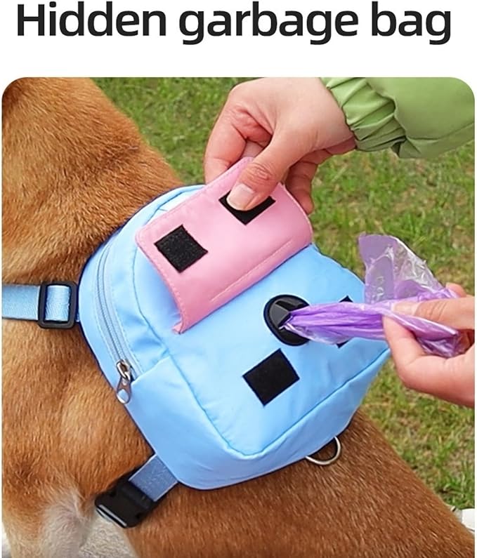 Dog Backpack Strap Leash,Dog Harness with Poop Bag Dispenser,Adjustable and Waterproof,Dog Hiking Backpack,Suitable for Travel and Daily Walks (Blue, M)