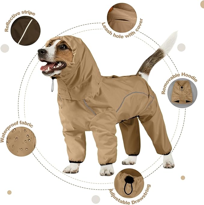 Dog Raincoat, Waterproof Dog Rain Jacket with Removable Hood，Adjustable 4 Legs Pet Poncho with Leash Hole，Reflective Stripe Hooded Snowproof Windproof Clothes for Small to 3X-Large Dogs, 3XL