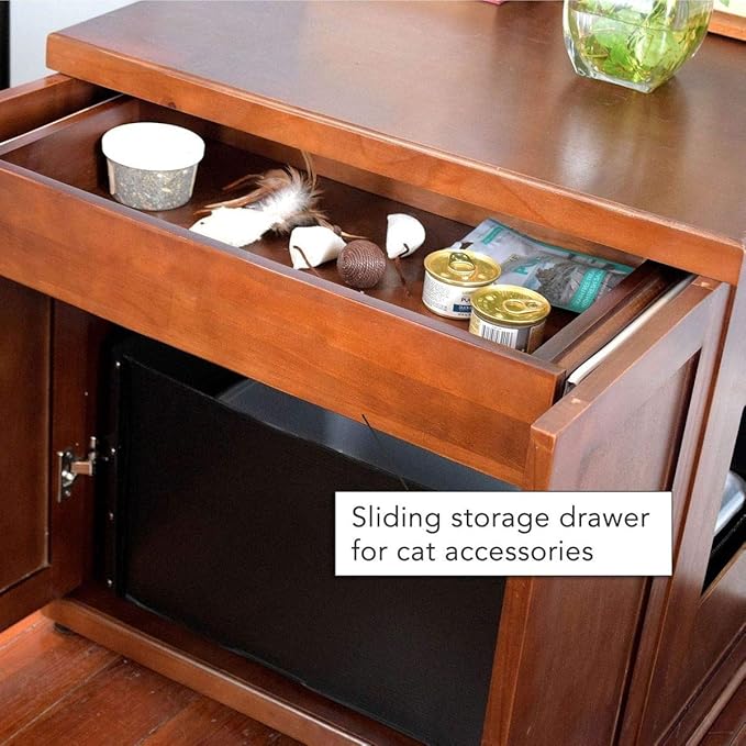 THE REFINED FELINE Cat Litter Box Enclosure Cabinet, Farmhouse, Mahogany Brown, Round Feet, Large, Hidden Litter Cat Furniture with Drawer