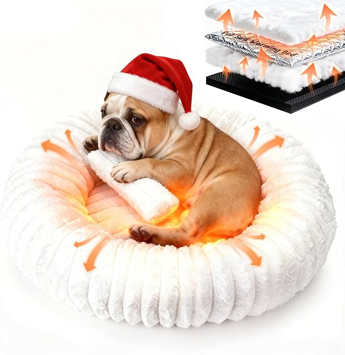 Self Warming Pet Bed, Donut Dog Bed for Small & Medium Dogs, Self-Heating Pet Bed with Non-Slip Bottom, Winter Comfort Dog Beds for Puppies, Washable & Portable Egg Tart Shape (M)