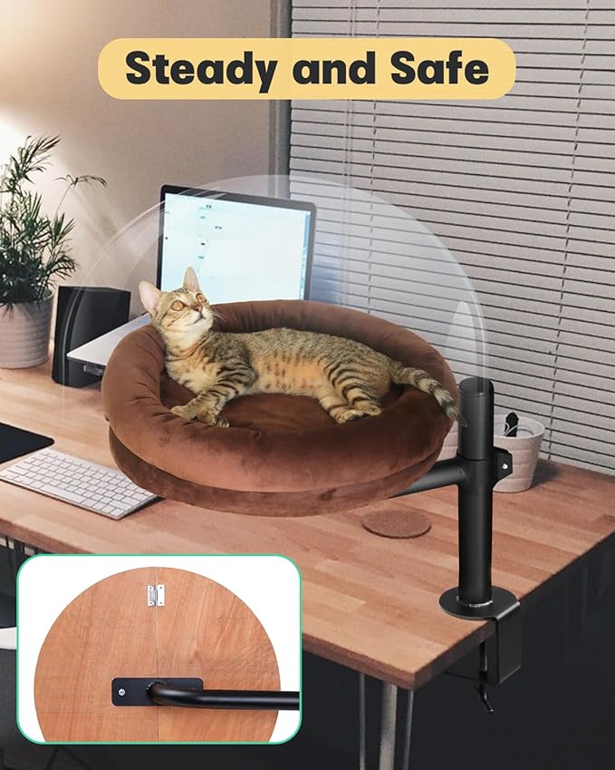 Cat Bed for Desk,Keeps Kitten Close and Workspace Clear Cat Bed,Height Adjustable and Rotatable,Drilling-Free(Unheated Brown,18.5" Lx17.5 Wx17.5 W)