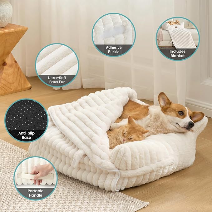 Cute Cat Bed with Removable Cover, Multifunctional Plush Faux Fur Pet Couch Bed with Blanket, Ultra-Soft Pet Furniture for Cats & Small Dogs (Cream, S: 25.5''x17.5'')