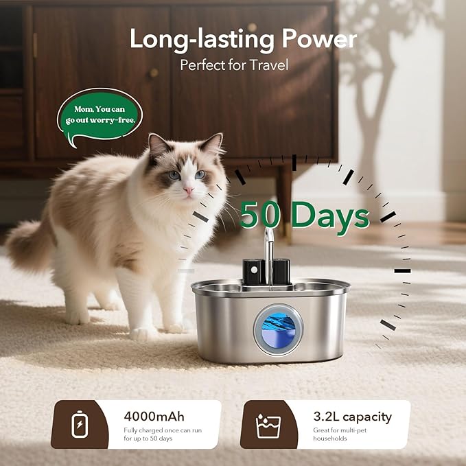 Stainless Steel Cat Water Fountain 108oz/3.2L:Battery Operated Wireless Cat Fountains for Drinking Indoor, Automatic Pet Water Dispenser with Ultra Quiet Pump,Multi-Filtration,Easy Clean BPA-Free