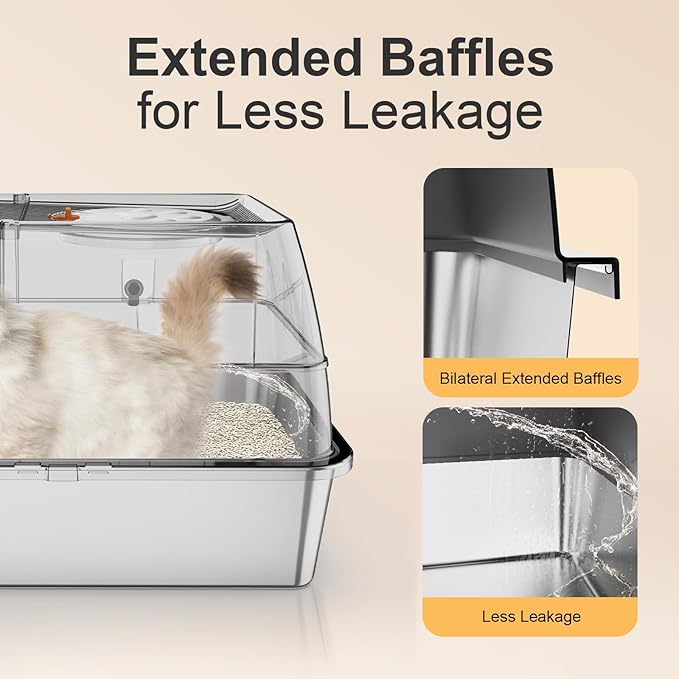 Stainless Steel Litter Box with Lid XL Extra Large Litter Box Enclosed Top Entry Metal Litterbox for Big Cats Easy Cleaning Less Leakage & High Sided with Mat Aisle & Scoop, Dark Grey