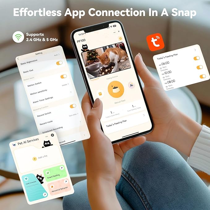 Automatic Cat Dog Feeder 4L with Camera, 1080P HD Video with Night Vision, Removable Camera, 2.4G/5G WiFi Smart Pet Food Dispenser with AI Function(Sub Required), 2-Way Audio, Tuya APP
