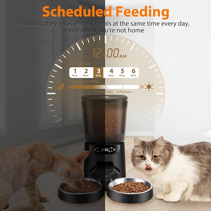 Automatic Cat Feeders for Two Cats, 5L/20 Cups Double Automatic Cat Food Dispenser with 2 Stainless Bowls, Timer Setting 20 Portions 6 Meals Per Day, 10s Meal Call, Pet Feeder for Dog (Black, 5L)