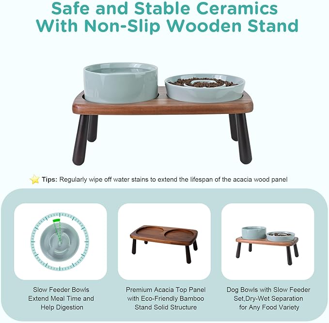 SPUNKYJUNKY Ceramic Elevated Dog Bowls with Slow Feeder Raised with Acacia Bamboo Wooden Stand, 6.1'' Dog and Cat Food Water Bowls Set Non-Slip for Small Medium Sized Breed - Light Green