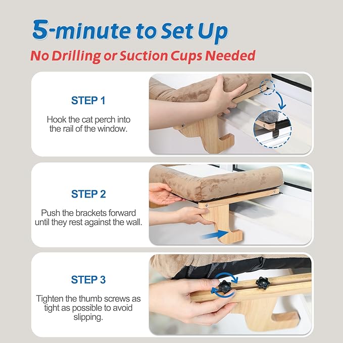 Zakkart Cat Perch for Window Sill with Bolster - Orthopedic Hammock Design with Premium Hardwood & Robust Metal Frame - Cat Window Seat for Large Cats and Kittens - Dark Stained Wood Brown Bed, 24''W