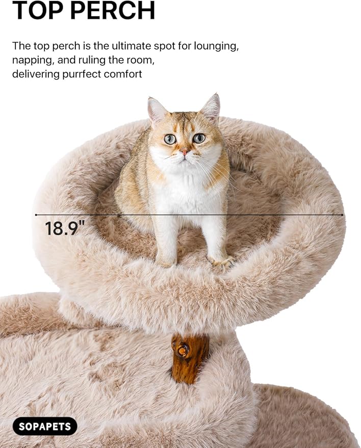 Aesthetic Cat Tree Tower for Large Cats, Large Cat Tree for Maine Coon Indoor Cats with Faux Fox Fur, Solid Wood Sisal Scratching Post, Perches, Platform & Toy Ball
