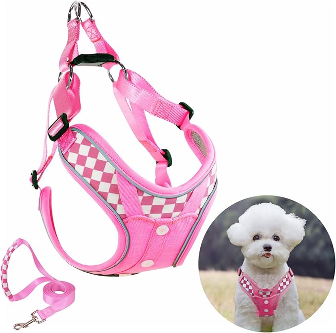 Dog Frenchie Harness with Leash Set, No Pull Adjustable Step in with Breathable Padded Vest Harness for Small Medium Large Dogs Training and Running (S Pink)