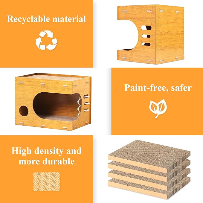 Cat Scratcher House,2 in 1 Cardboard Cat House Durable and Sturdy Cat Scratching Post Cat Scratching Board Cat Scratchers for Indoor Cats, Easy to Assemble,Maximum Load Capacity 66 lbs