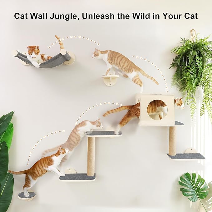 FUKUMARU Cat Wall Shelves, 5-Piece Stable Wooden Wall-Mounted Furniture Set, Kitty Climber with Hammock, House, Steps, Scratching Post (Gray)