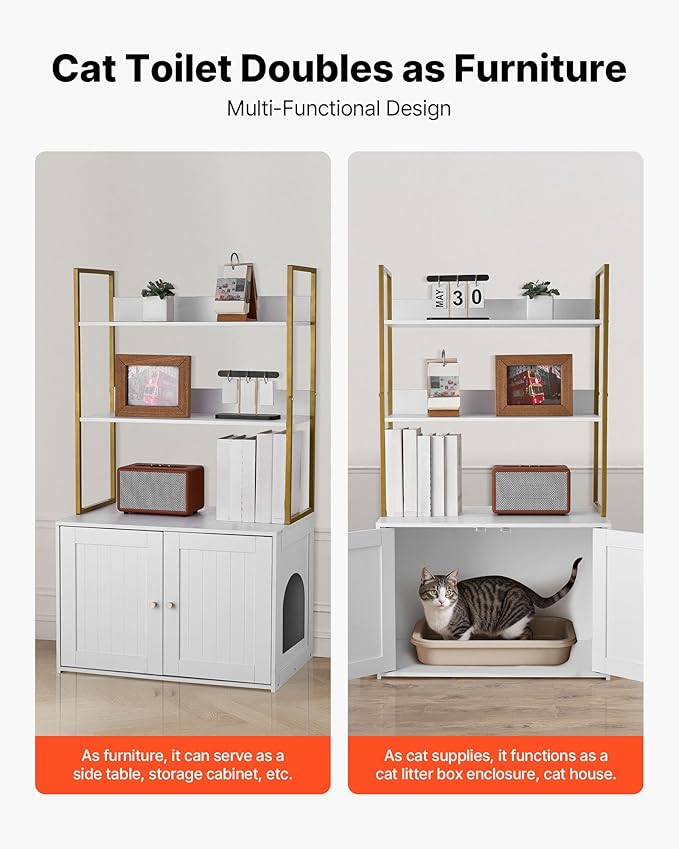 VEVOR Cat Litter Box Enclosure Furniture, 27.6 in Hidden Litter Box Cabinet with Metal Legs & 2-Tier Storage Shelves, Waterproof Washroom Cat House, Fit Most of Litterbox, for Living Room