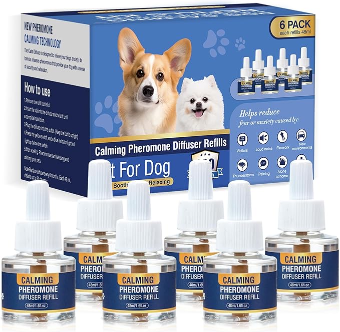 Dog Calming Diffuser Refills 6 Pack Pheromone Appeasing Pet Pheromones Refill 48ml to Calm for Anxiety Relief Reduce Aggression Stress Fighting Barking Fit Common Diffusers Plug in 180 Day(Tasteless)