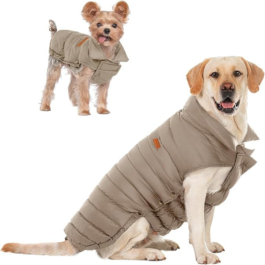 SPACE LION Dog Puffer Jacket, Down Winter Coat, Durable Outdoor Coat for Cold and Windy Conditions, Lightweight & Adjustable Fit Coats for Medium Dogs, (Khaki, Size14/L)