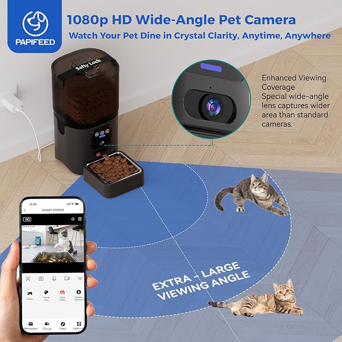 PAPIFEED Automatic Cat Feeder,Camera 1080P HD - 6L Pet Feeder, 2.4/5G WiFi Smart App Control, Bluetooth Assist Link,Wide-Angle Lens,Automatic Feeder for Small and Medium-Sized Pets (Wide Angle Video)